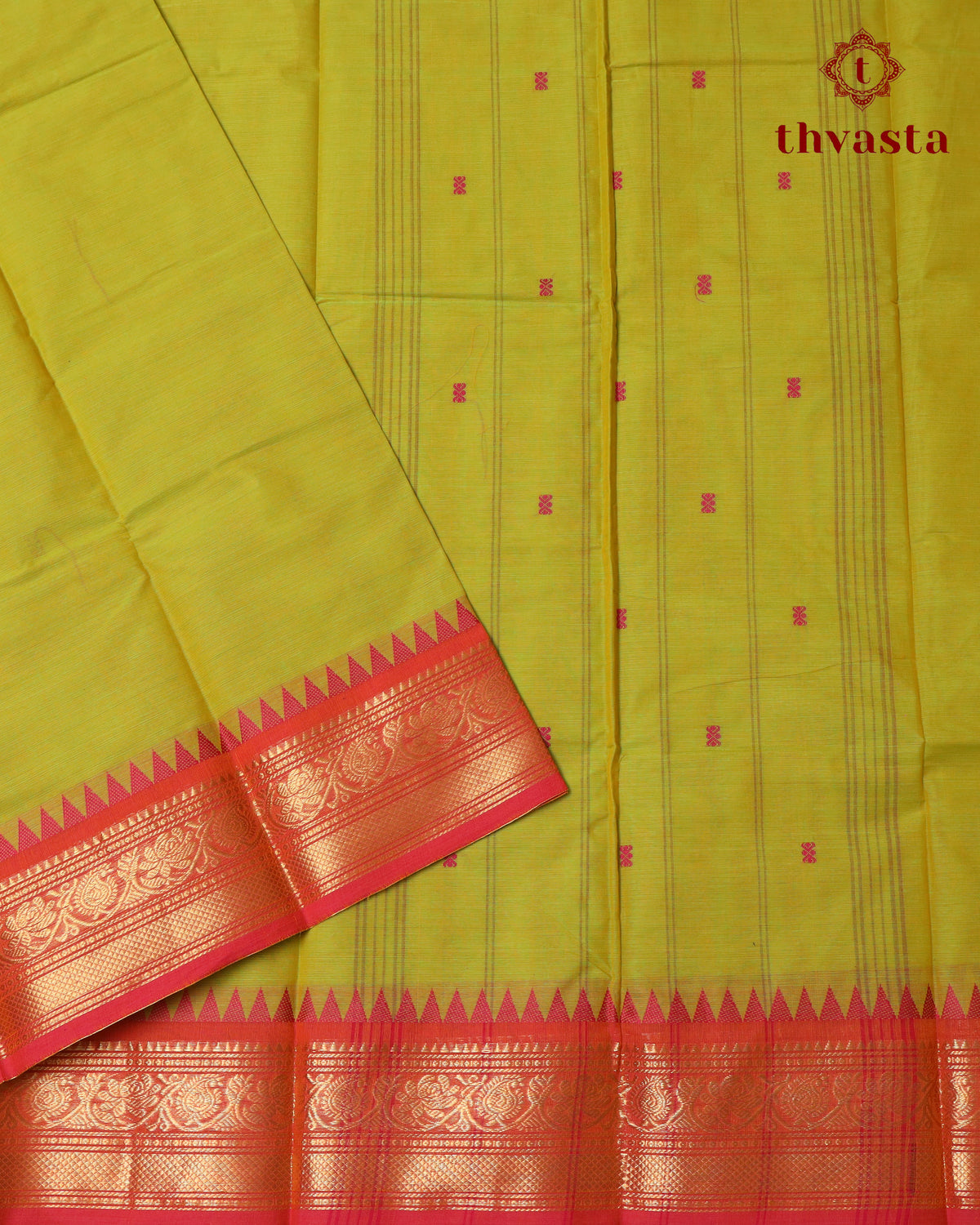 Kanchi Cotton Saree - Green and Orange Border