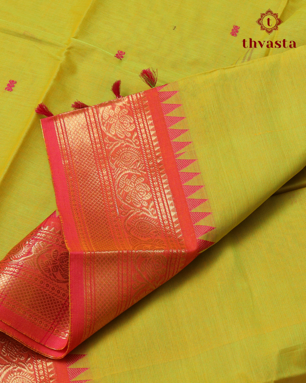 Kanchi Cotton Saree - Green and Orange Border