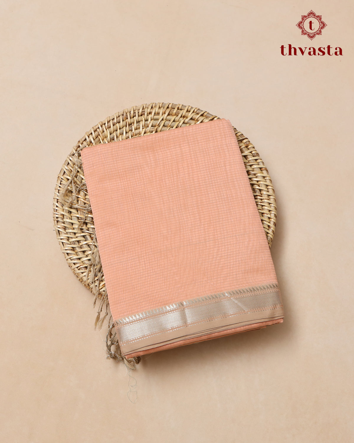 Maheshwari Silkcotton Silver Border - Peach