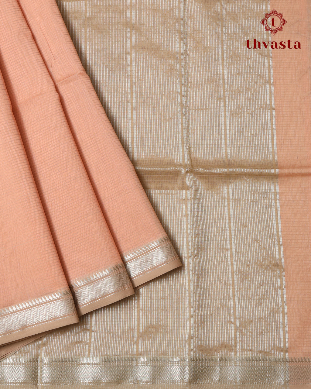 Maheshwari Silkcotton Silver Border - Peach