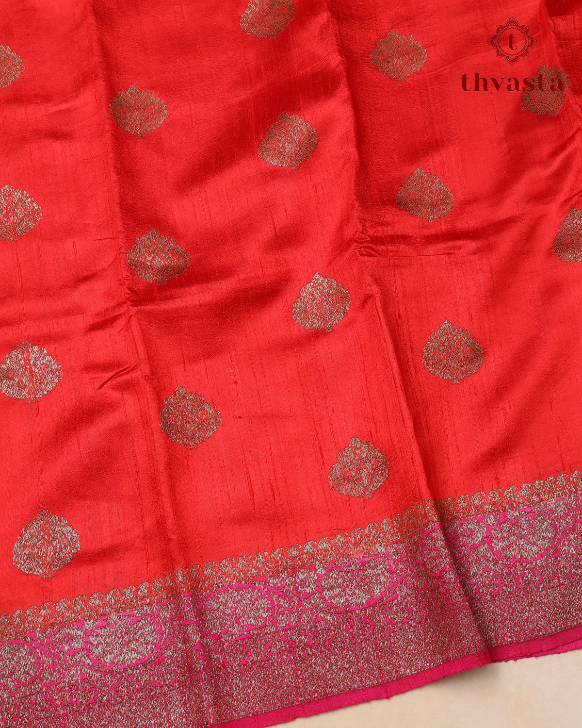 Pure Raw Silk Saree with Antique Gold Banaras Border -  Red
