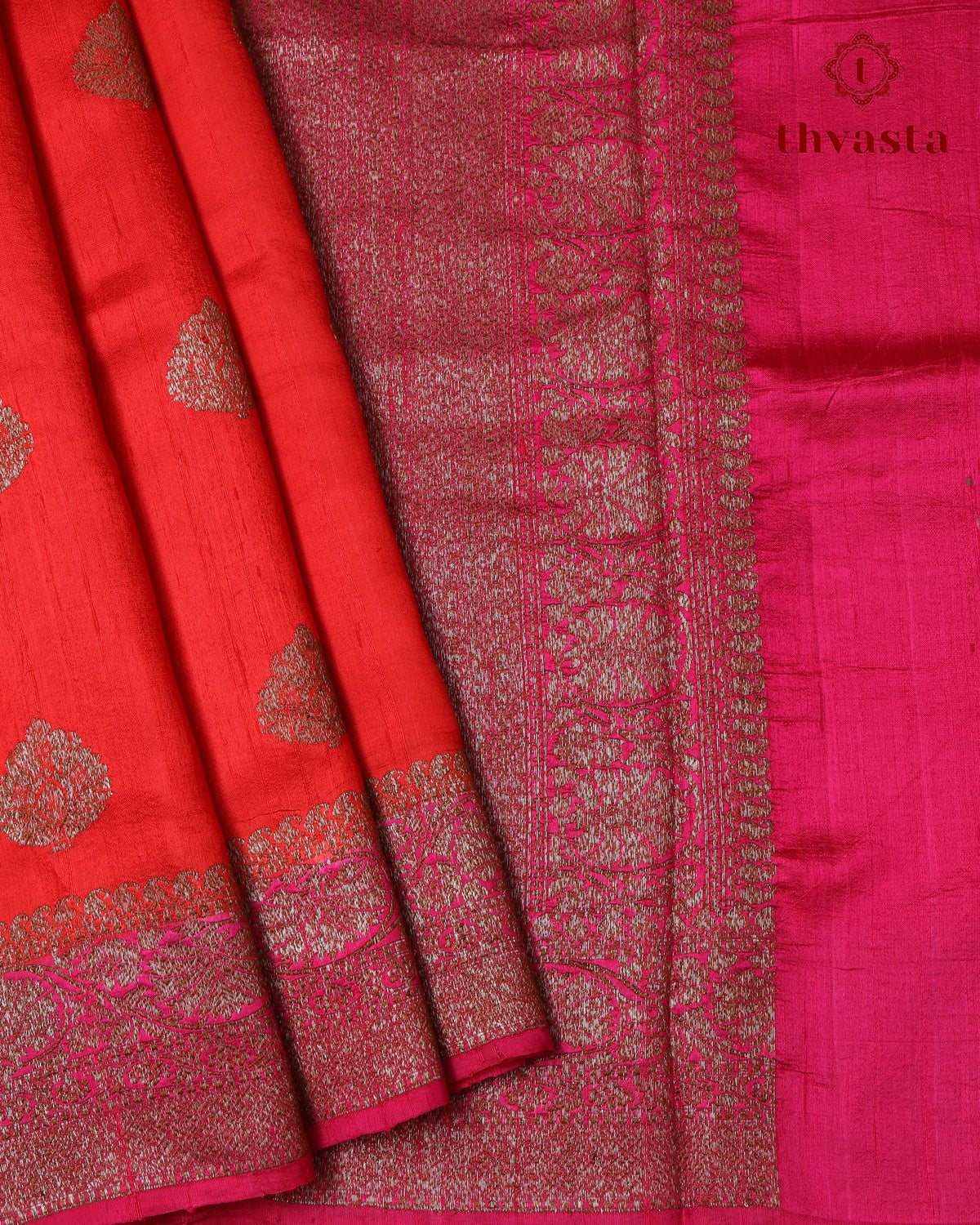 Pure Raw Silk Saree with Antique Gold Banaras Border -  Red