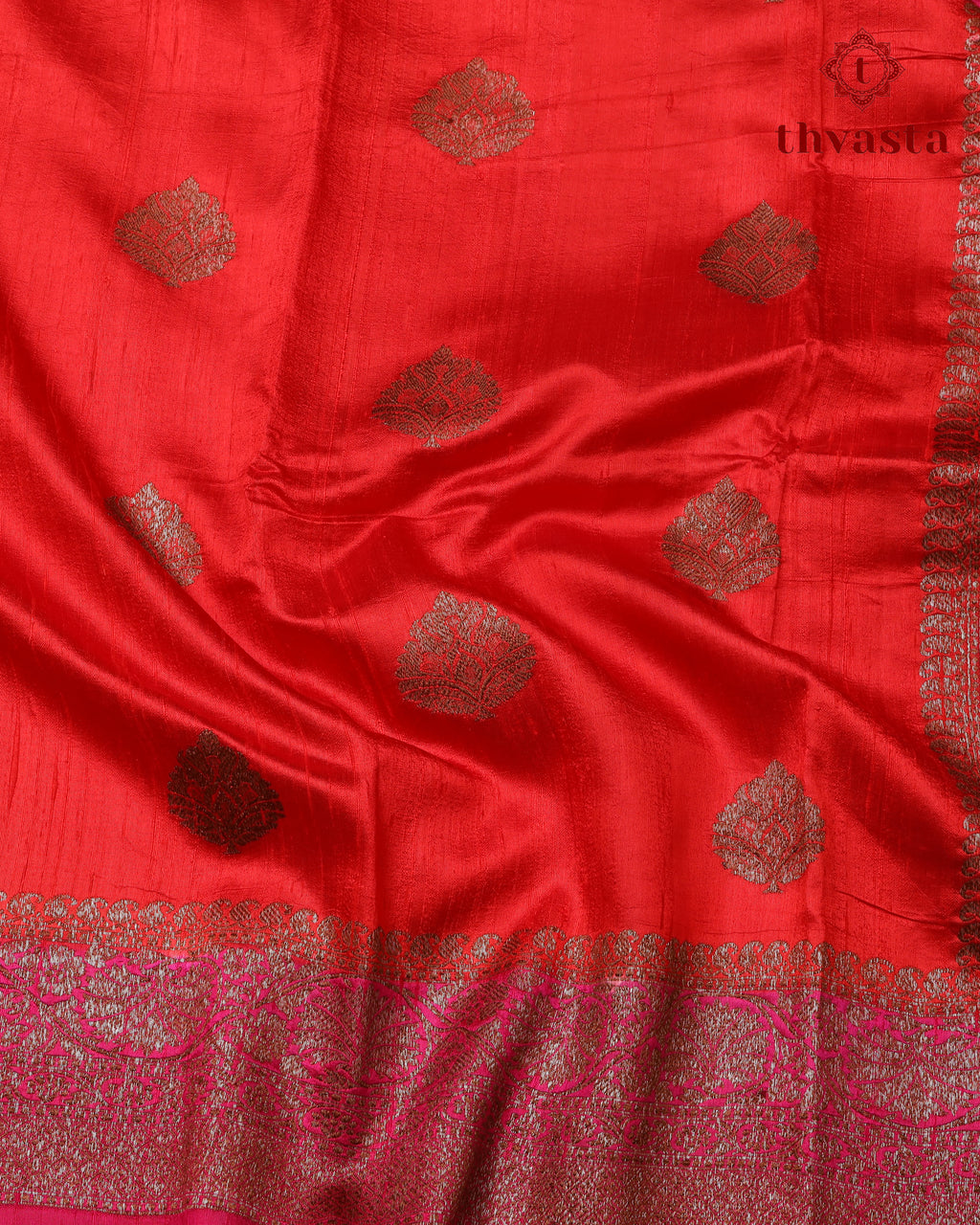 Pure Raw Silk Saree with Antique Gold Banaras Border -  Red