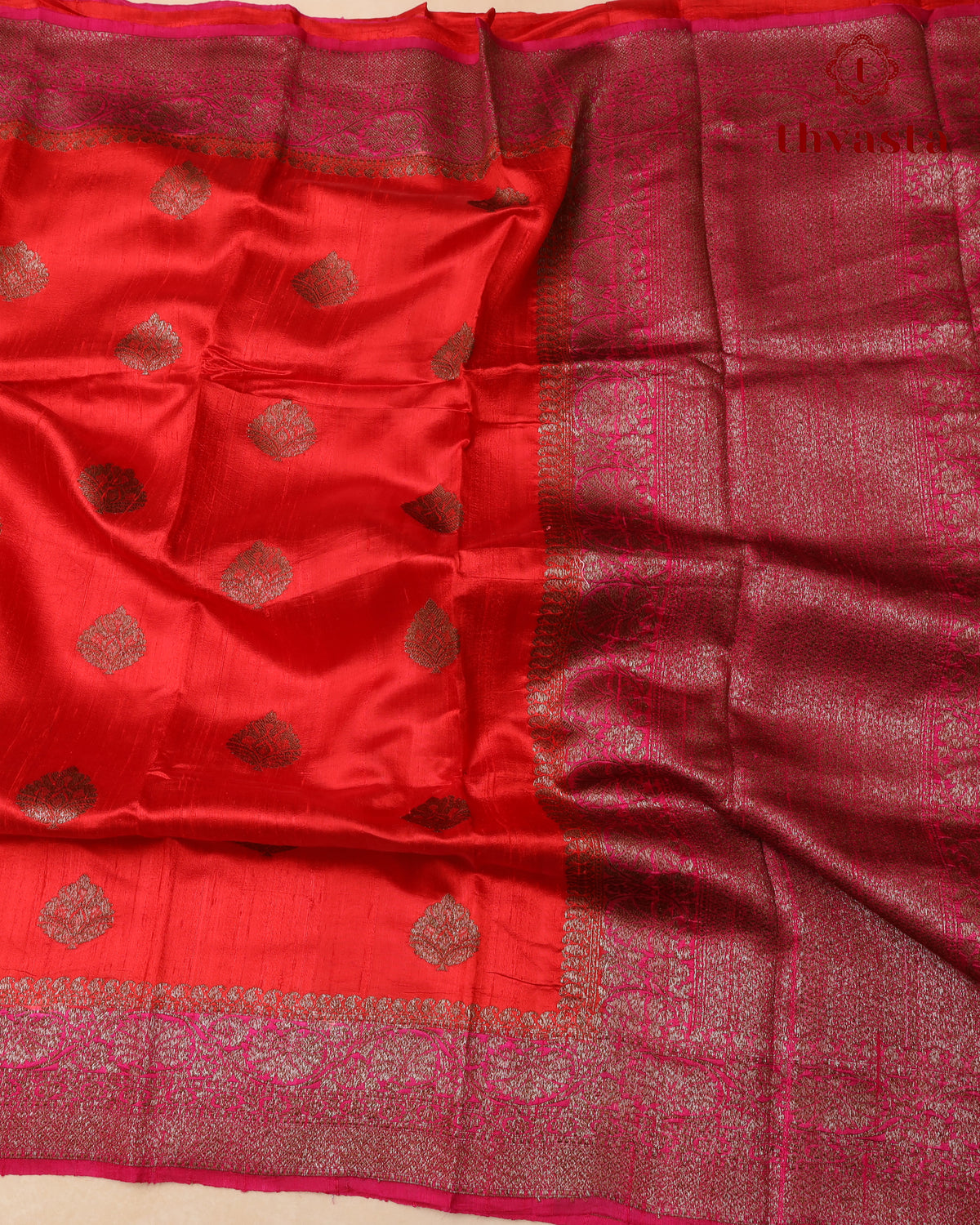 Pure Raw Silk Saree with Antique Gold Banaras Border -  Red