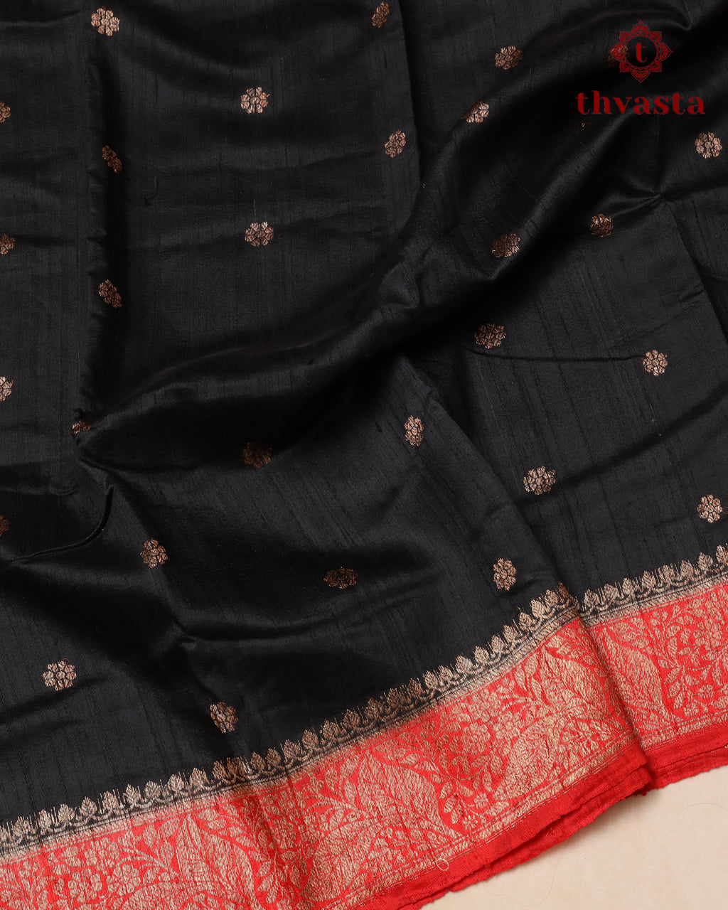 Pure Raw Silk Saree with Antique Gold Banaras Border -  Black