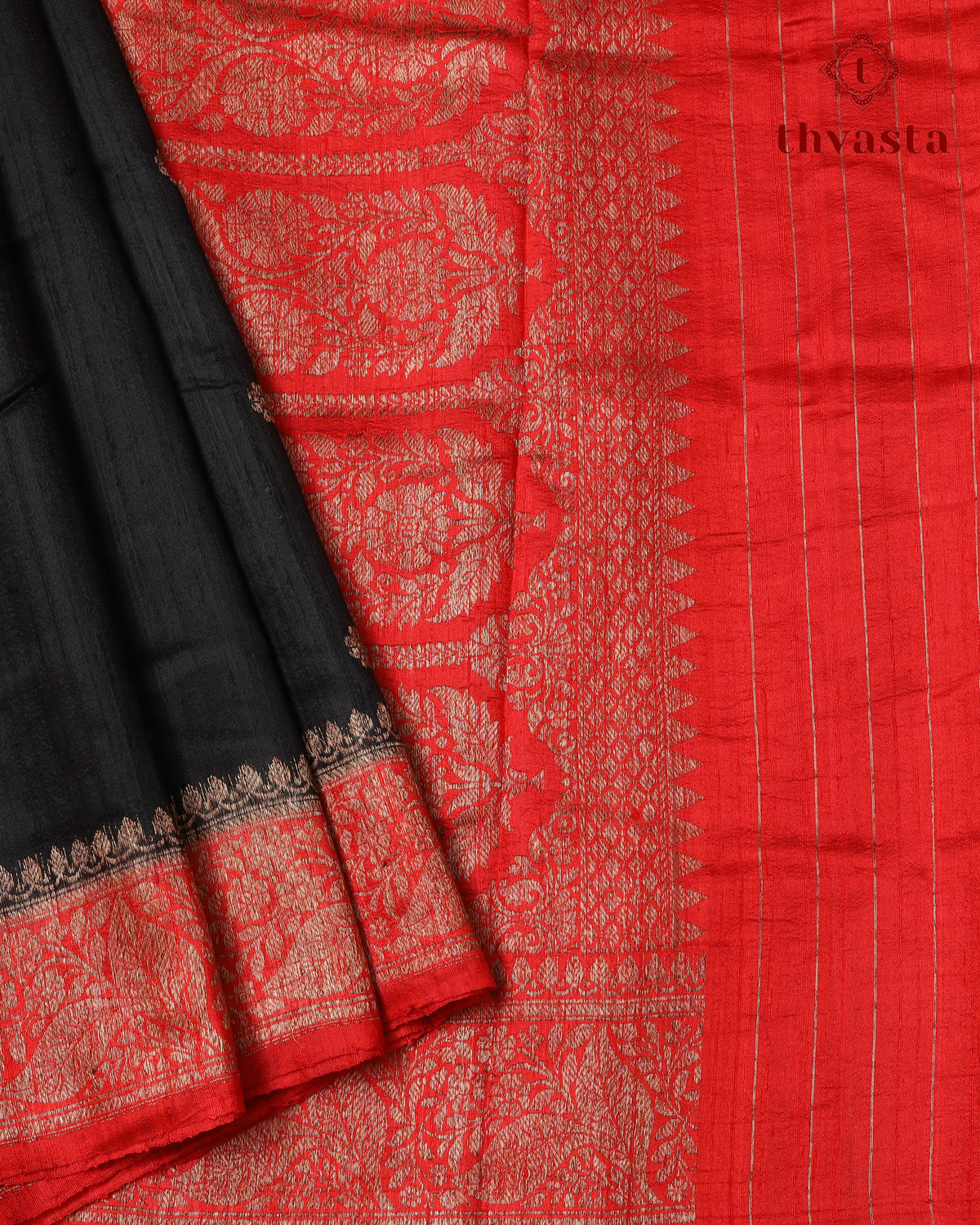 Pure Raw Silk Saree with Antique Gold Banaras Border -  Black