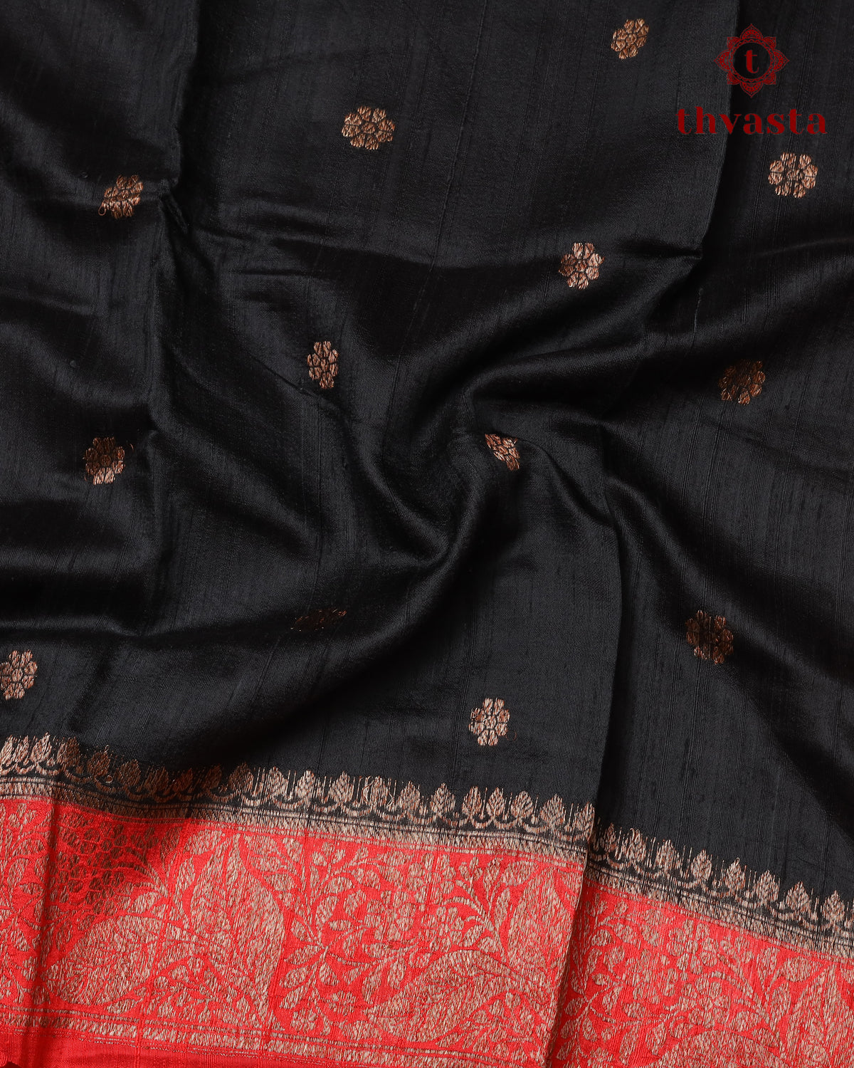 Pure Raw Silk Saree with Antique Gold Banaras Border -  Black