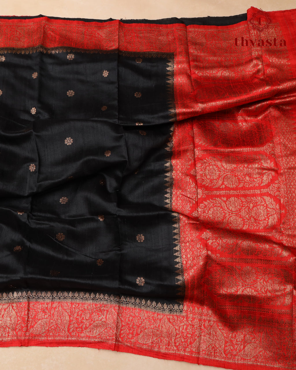 Pure Raw Silk Saree with Antique Gold Banaras Border -  Black