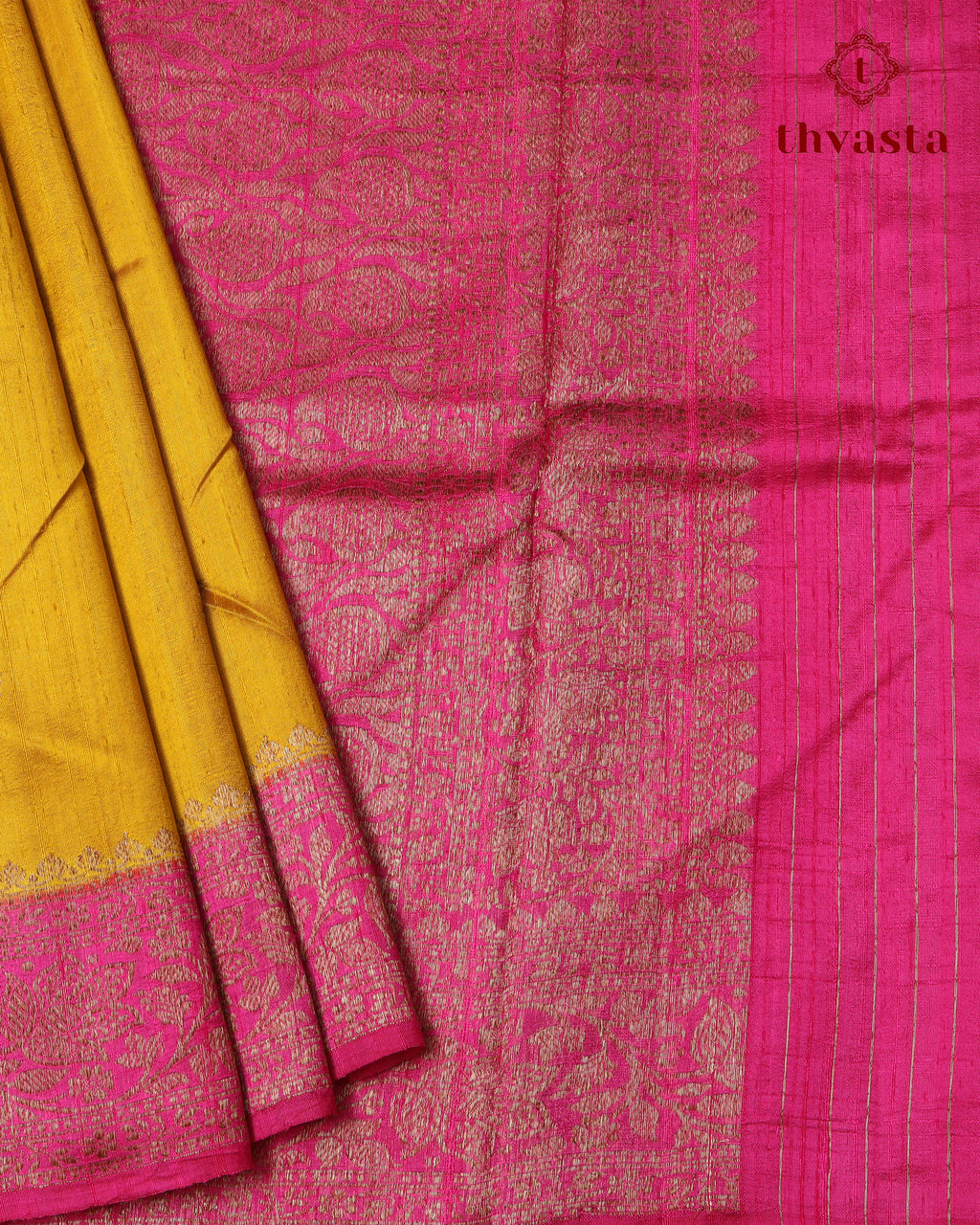 Pure Raw Silk Saree with Antique Gold Banaras Border -  Yellow