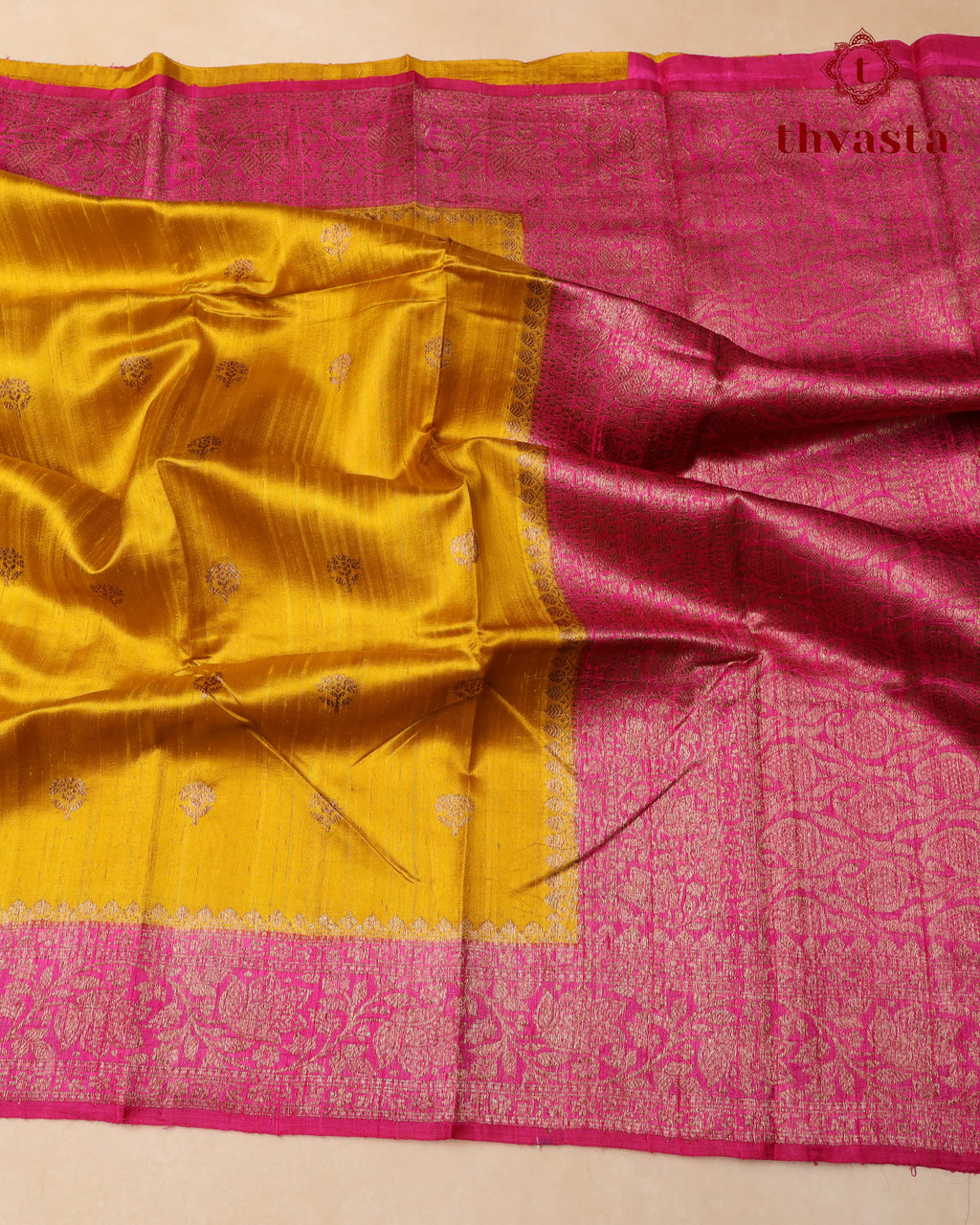 Pure Raw Silk Saree with Antique Gold Banaras Border -  Yellow