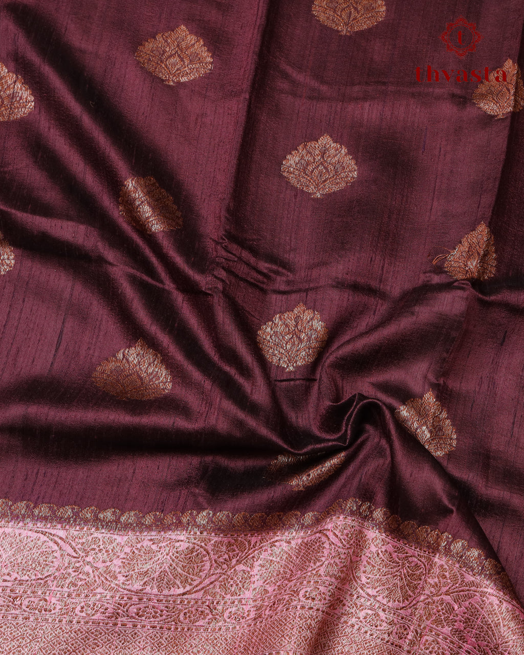 Pure Raw Silk Saree with Antique Gold Banaras Border -  Burgundy