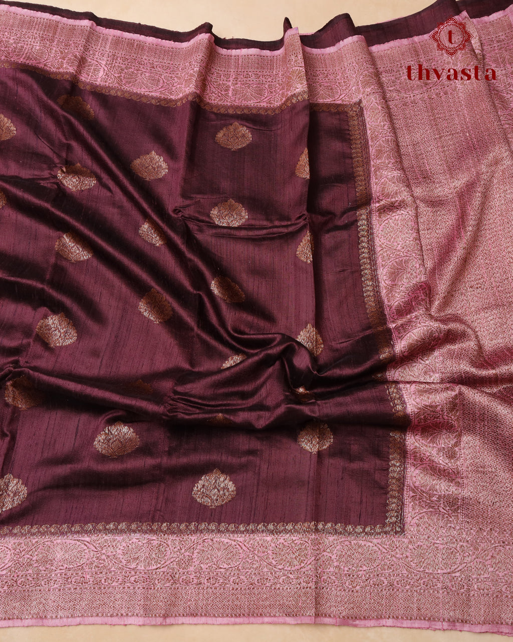 Pure Raw Silk Saree with Antique Gold Banaras Border -  Burgundy