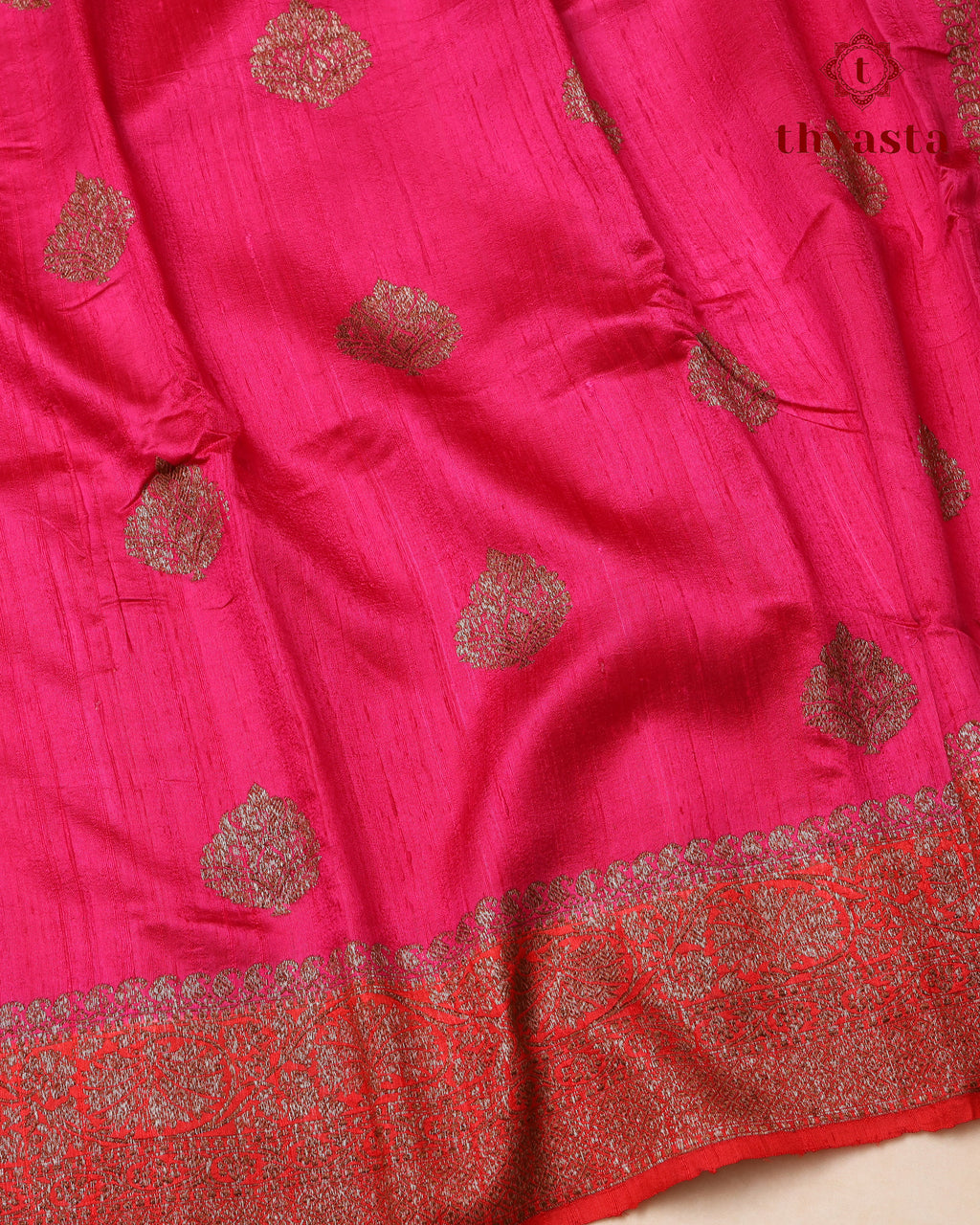 Pure Raw Silk Saree with Antique Gold Banaras Border -  Pink