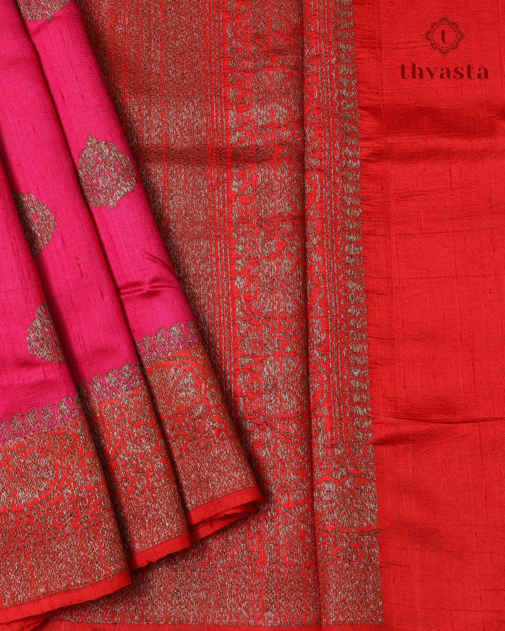 Pure Raw Silk Saree with Antique Gold Banaras Border -  Pink