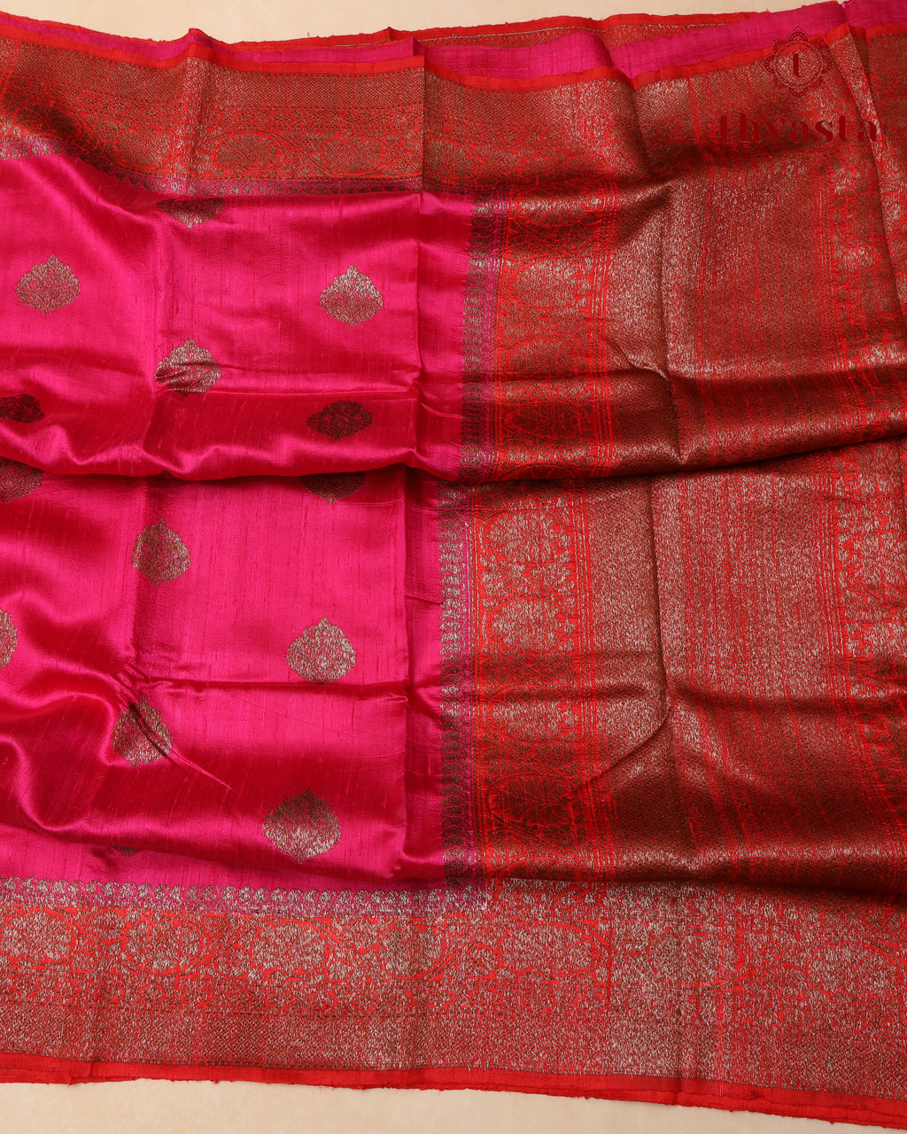 Pure Raw Silk Saree with Antique Gold Banaras Border -  Pink