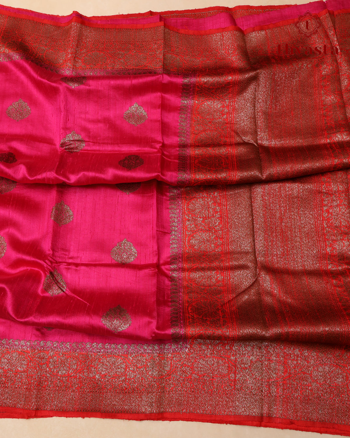 Pure Raw Silk Saree with Antique Gold Banaras Border -  Pink