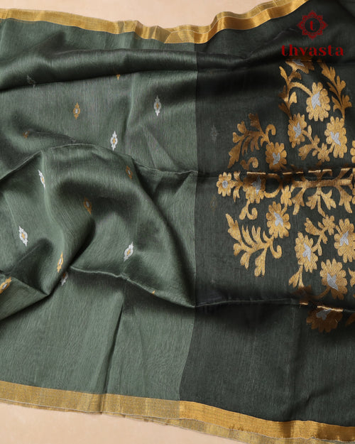 Elephant Grey Silk Linen Saree with Zari Border