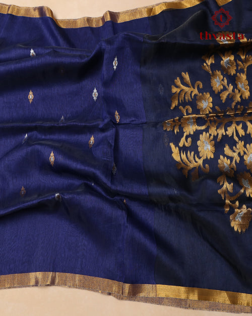 Dark Blue Silk Linen Saree with Zari Border