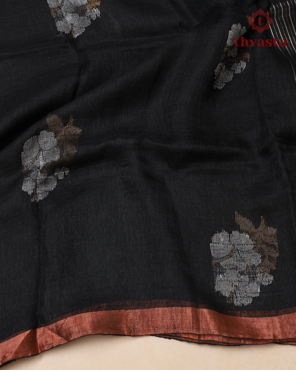 Black Linen Saree with Zari Border