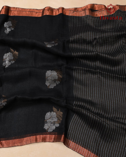 Black Linen Saree with Zari Border
