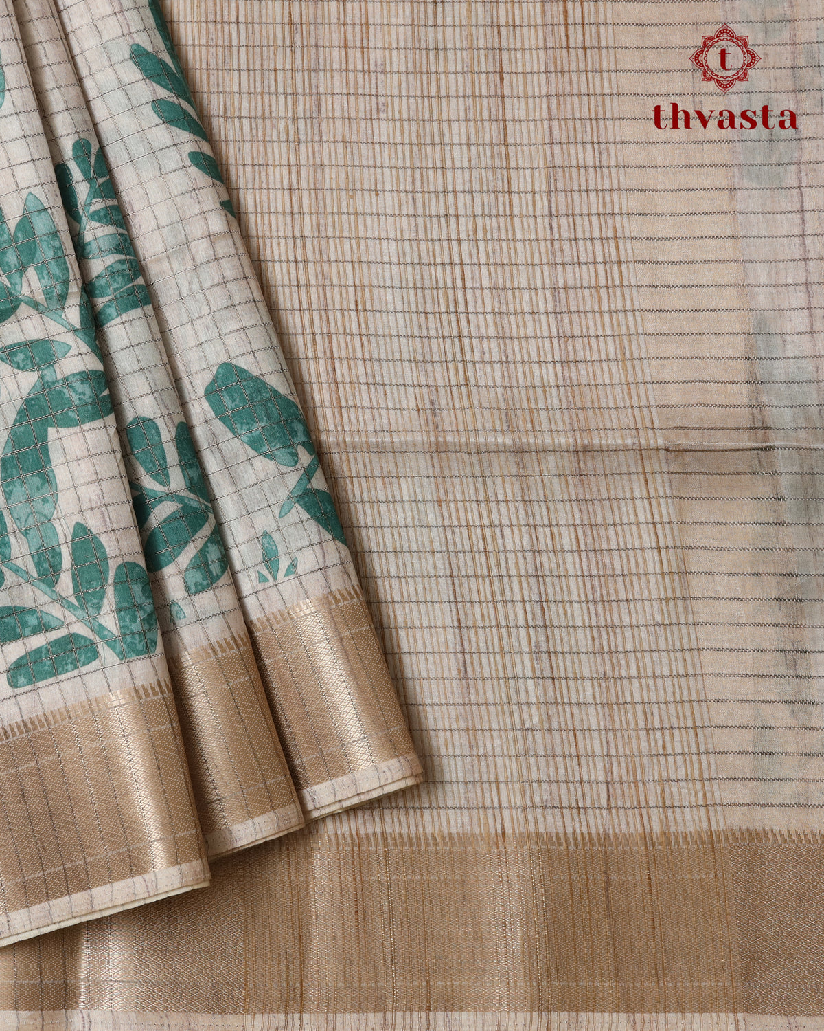 Semi Tussar Silk saree - Beige and Green