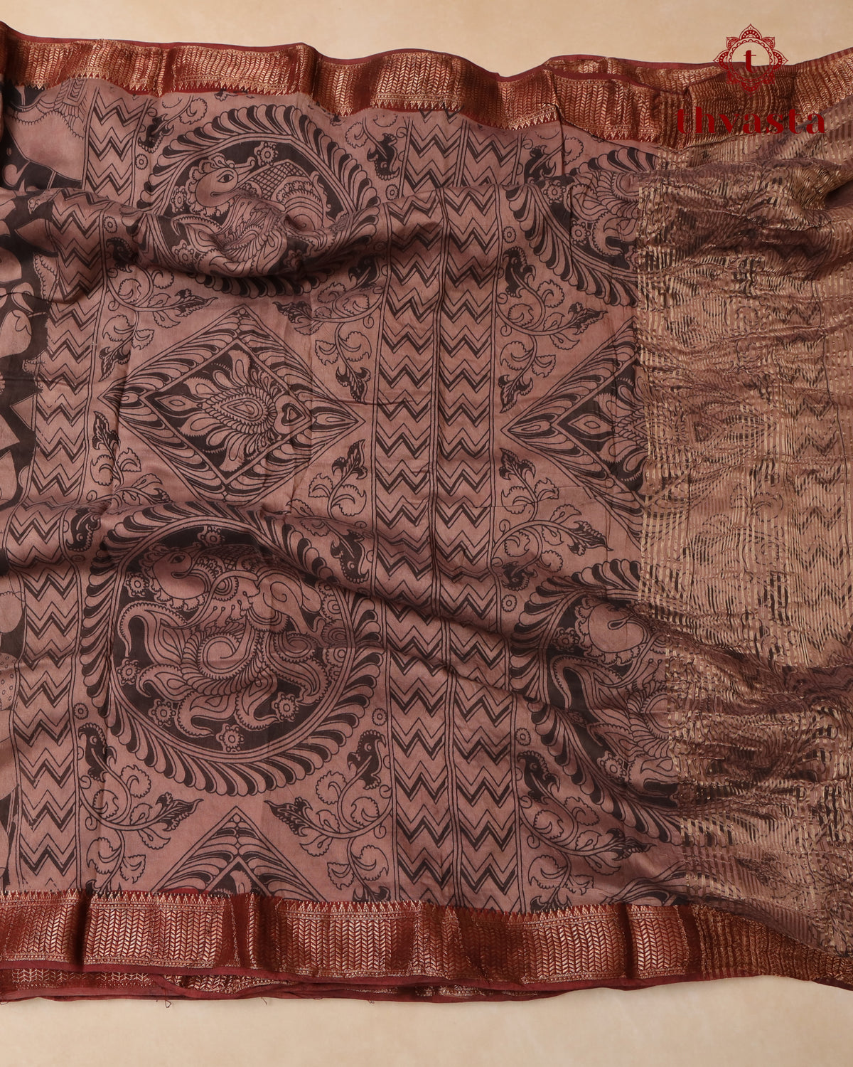Chennur Silk Kalamkari Saree with Nizam Border -  Rust Red
