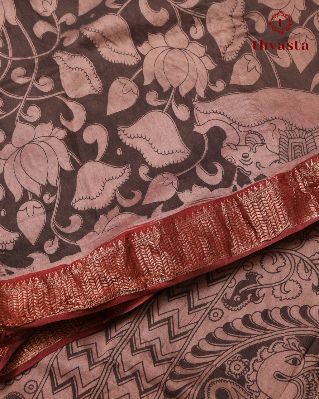 Chennur Silk Kalamkari Saree with Nizam Border -  Rust Red