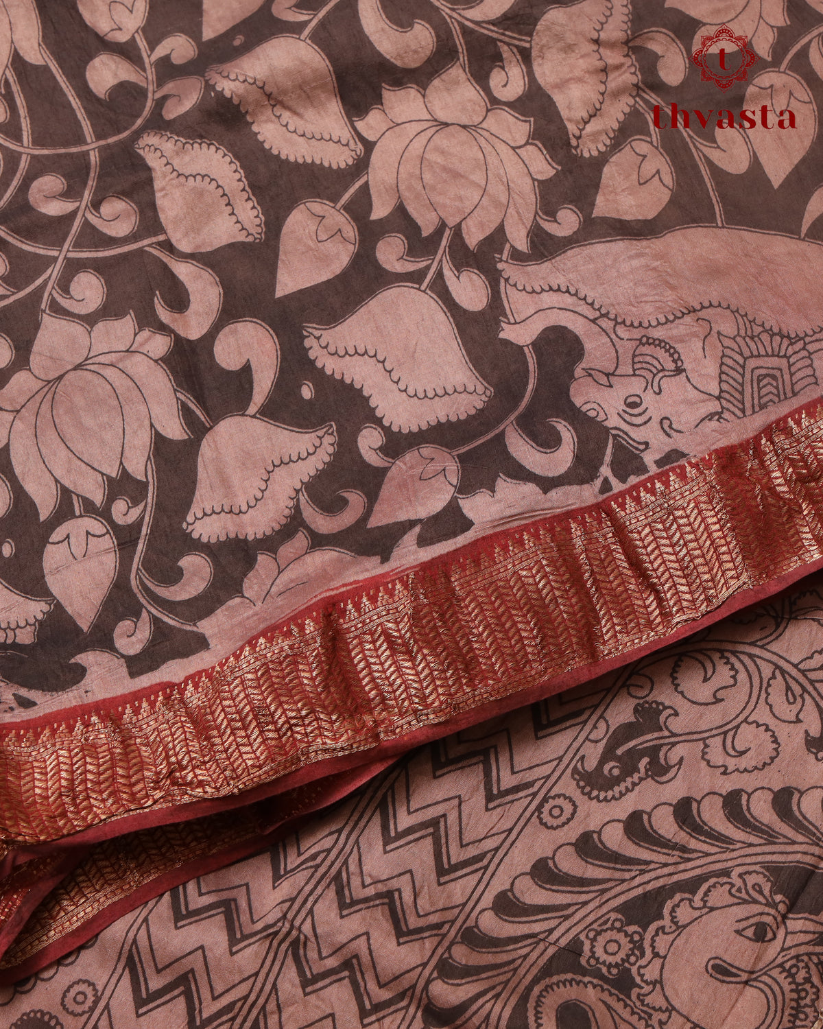 Chennur Silk Kalamkari Saree with Nizam Border -  Rust Red