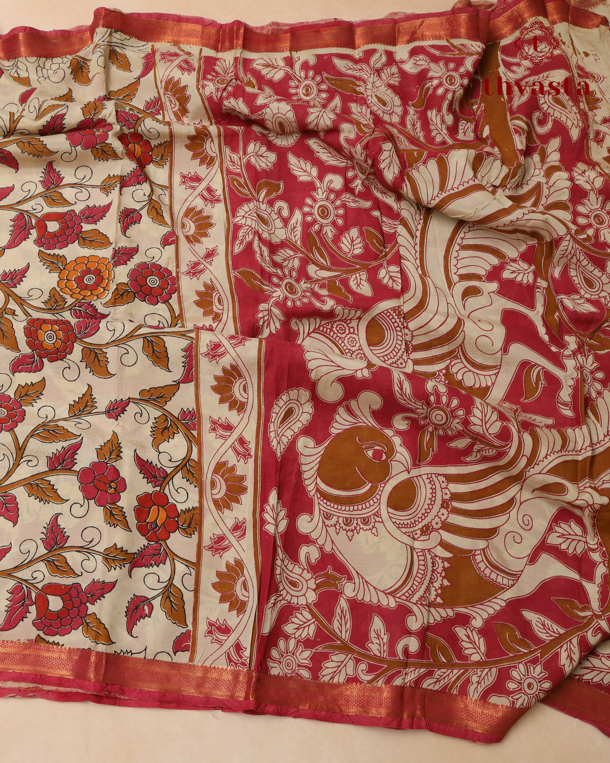 Chennur Silk Kalamkari Saree with Nizam Border -  Pink