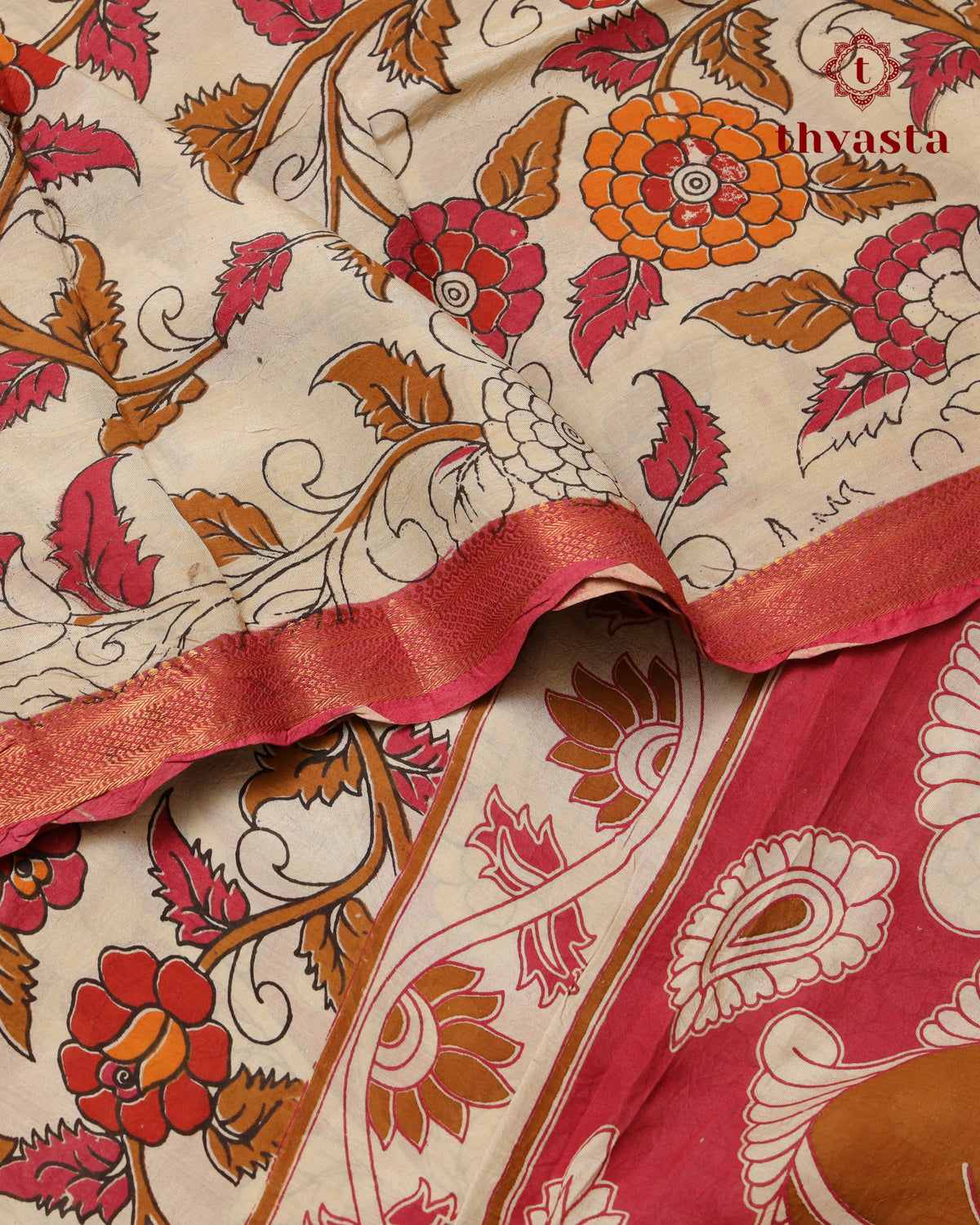 Chennur Silk Kalamkari Saree with Nizam Border -  Pink