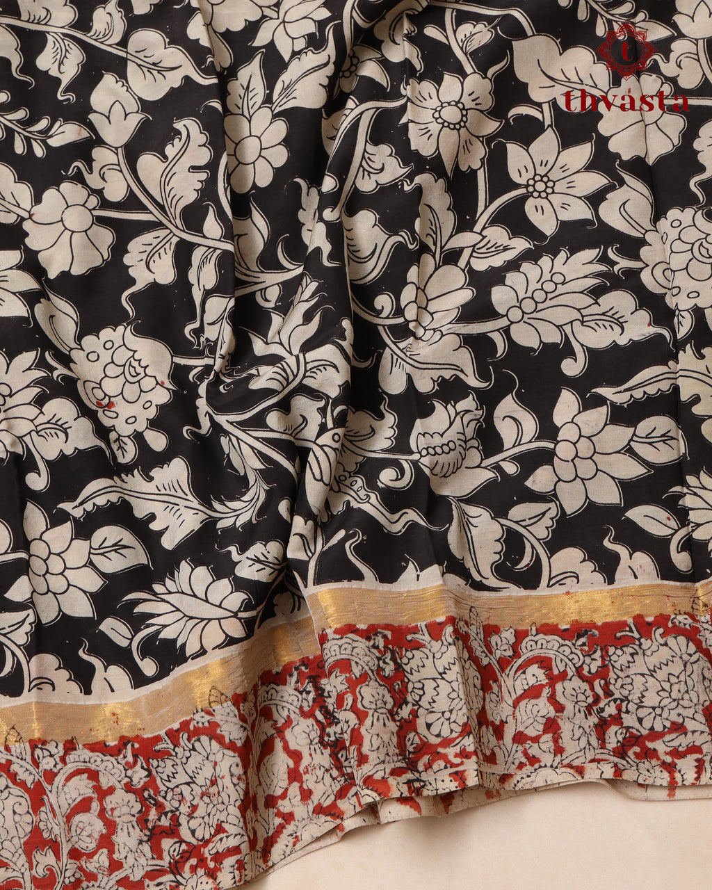 Chennur Silk Kalamkari Saree with Nizam Border -  Black