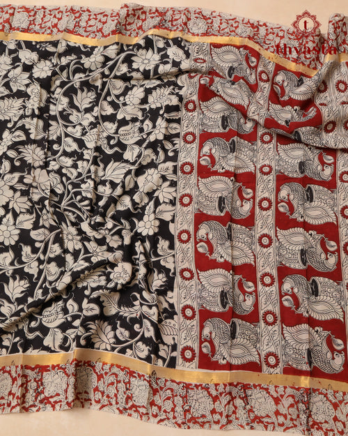 Chennur Silk Kalamkari Saree with Nizam Border -  Black
