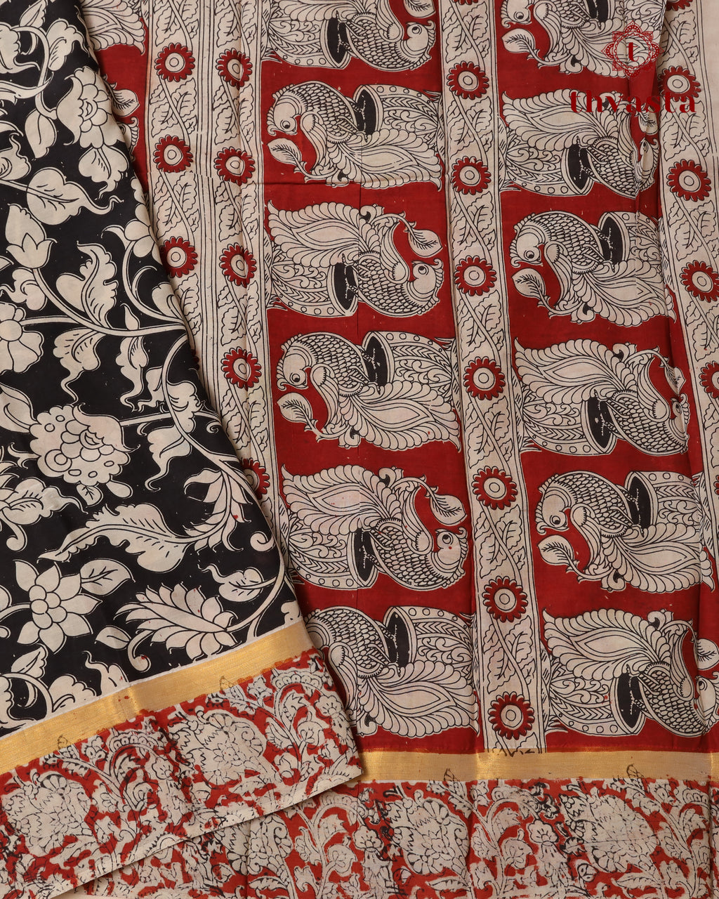 Chennur Silk Kalamkari Saree with Nizam Border -  Black