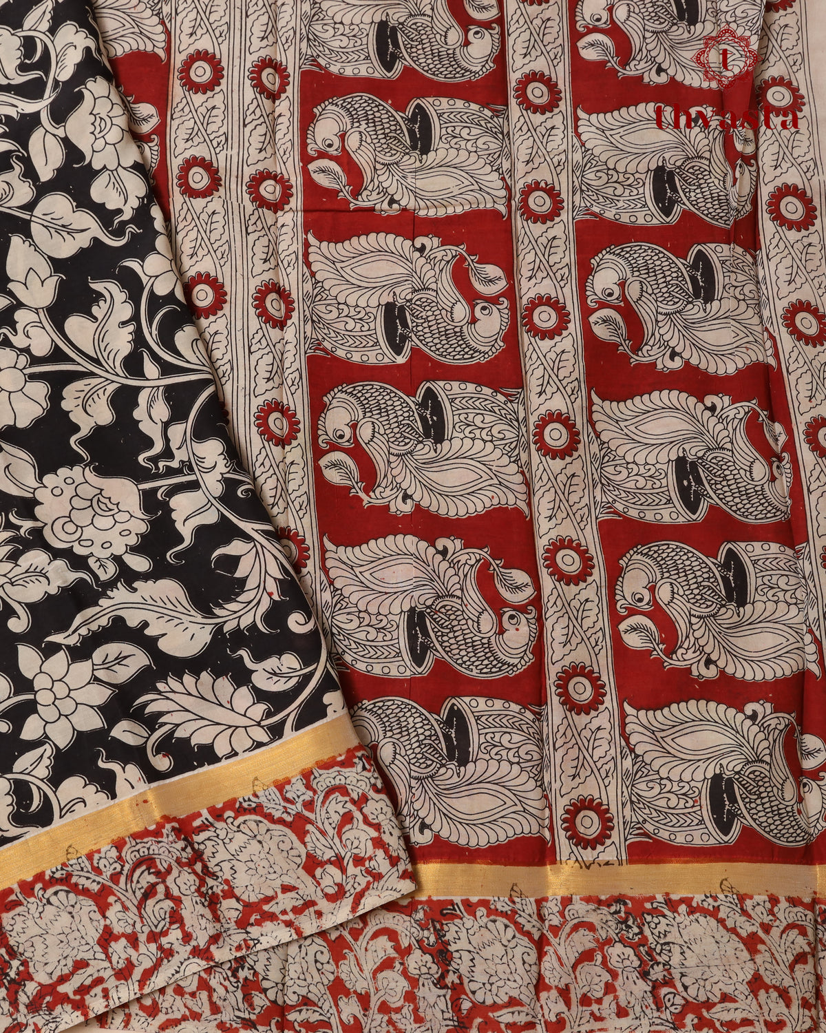 Chennur Silk Kalamkari Saree with Nizam Border -  Black