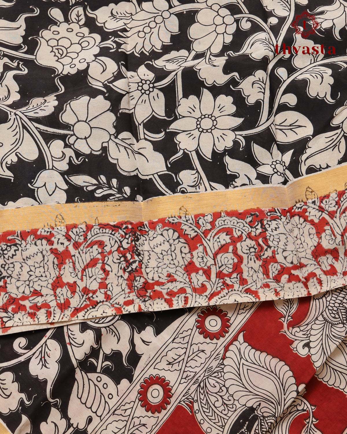 Chennur Silk Kalamkari Saree with Nizam Border -  Black