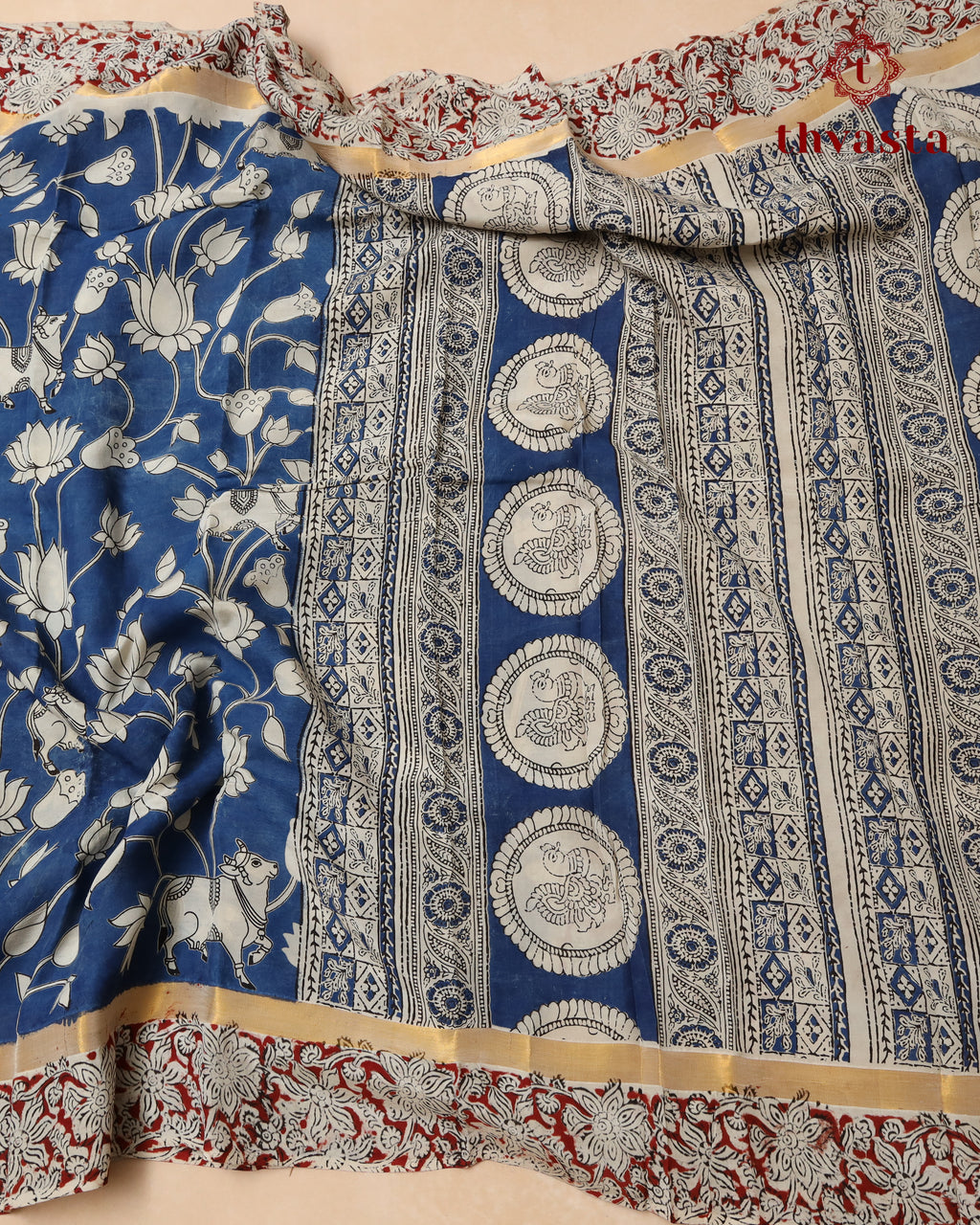 Chennur Silk Kalamkari Saree with Nizam Border -  Blue