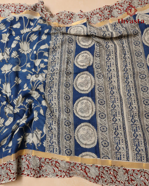 Chennur Silk Kalamkari Saree with Nizam Border -  Blue