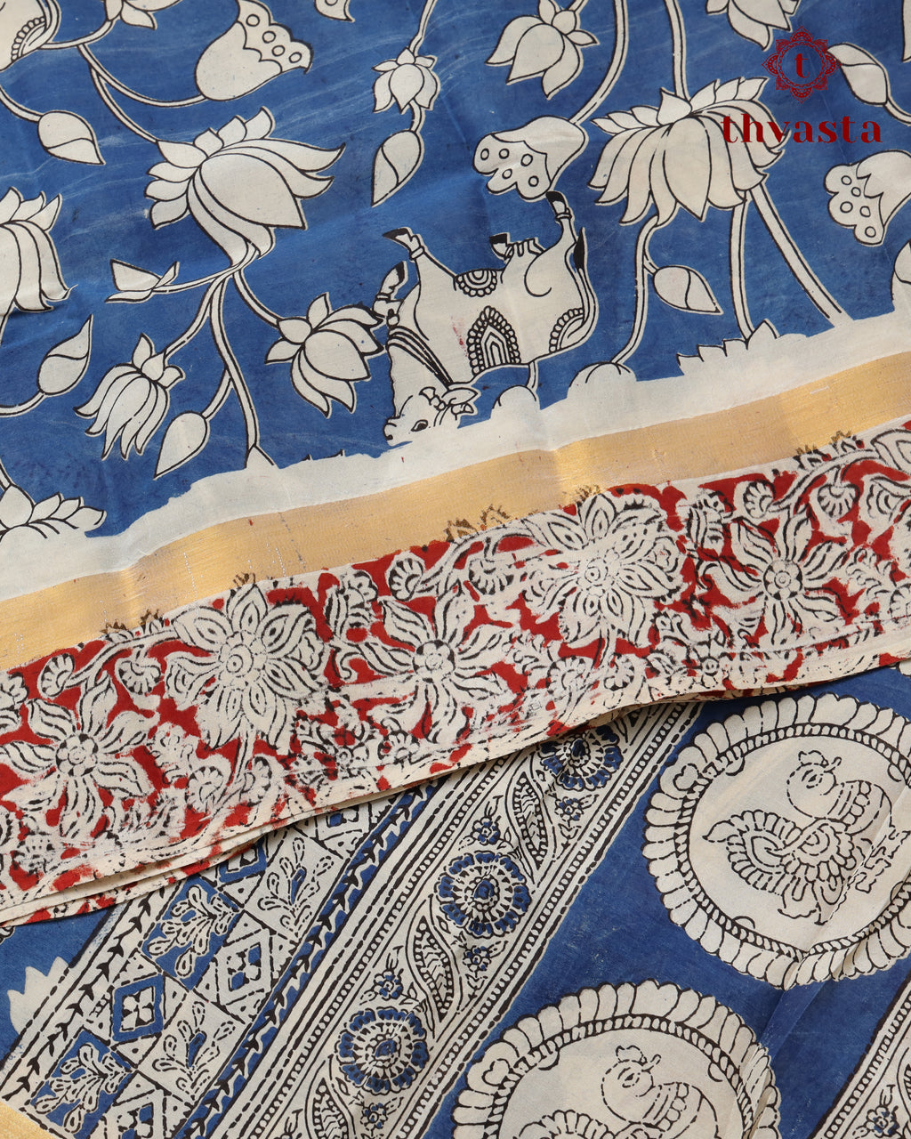 Chennur Silk Kalamkari Saree with Nizam Border -  Blue