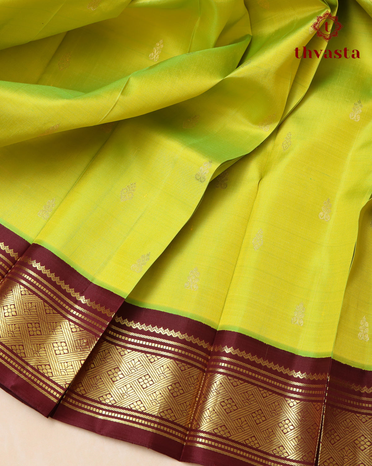 Pure Thirubuvanam Pattu - Green and Paaku Brown