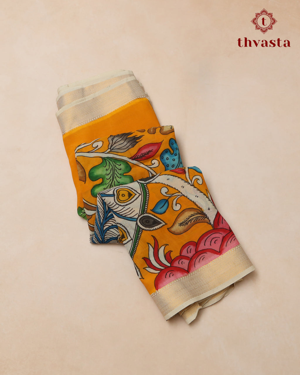 Pen Kalamkari Bangalore Silk – Bright Orange Yellow and White Border