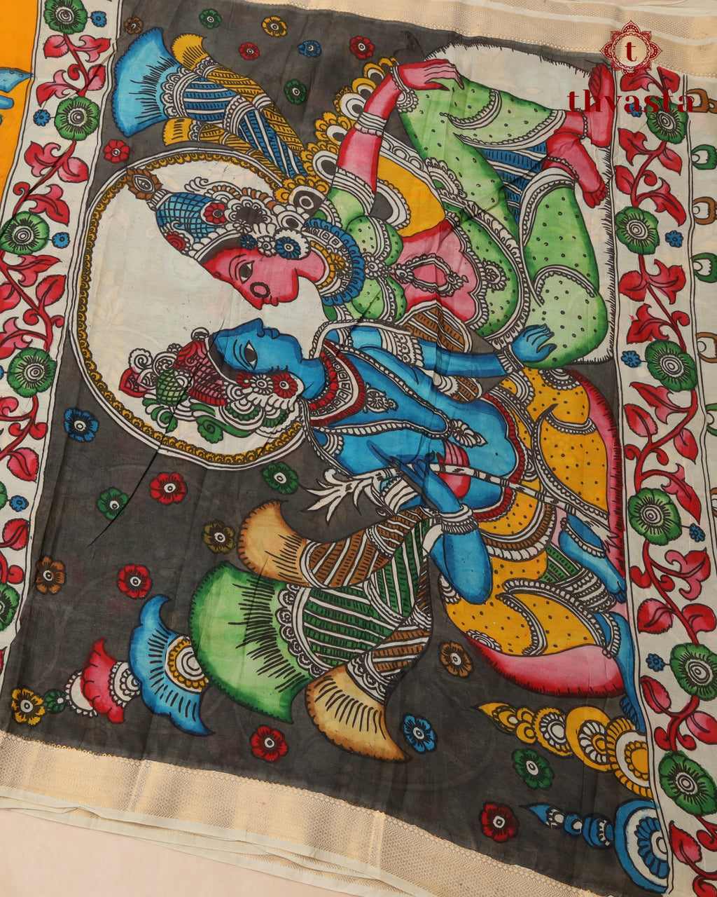 Pen Kalamkari Bangalore Silk – Bright Orange Yellow and White Border