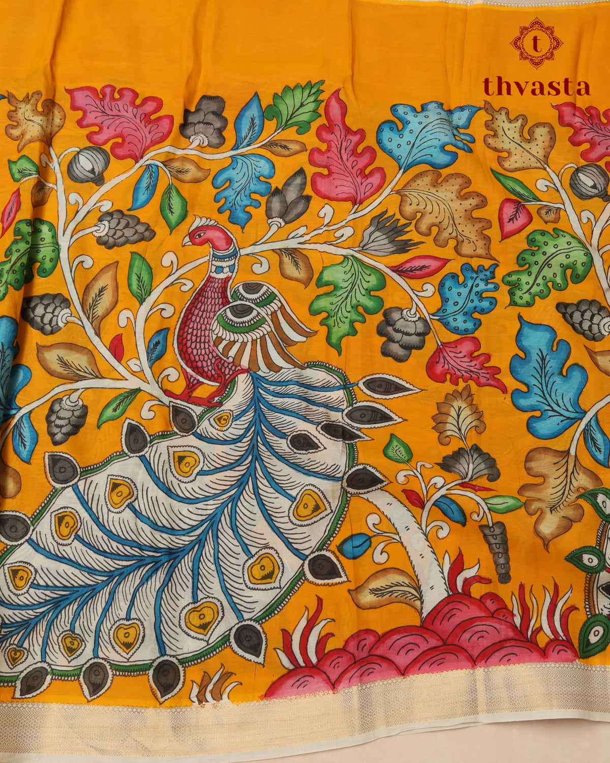 Pen Kalamkari Bangalore Silk – Bright Orange Yellow and White Border