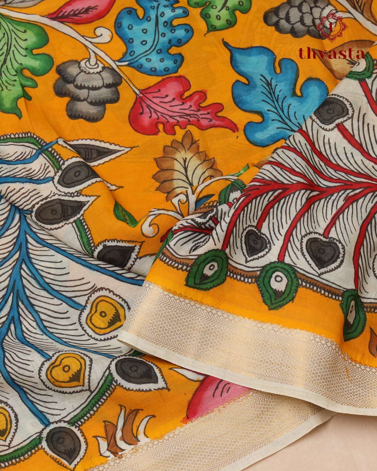 Pen Kalamkari Bangalore Silk – Bright Orange Yellow and White Border