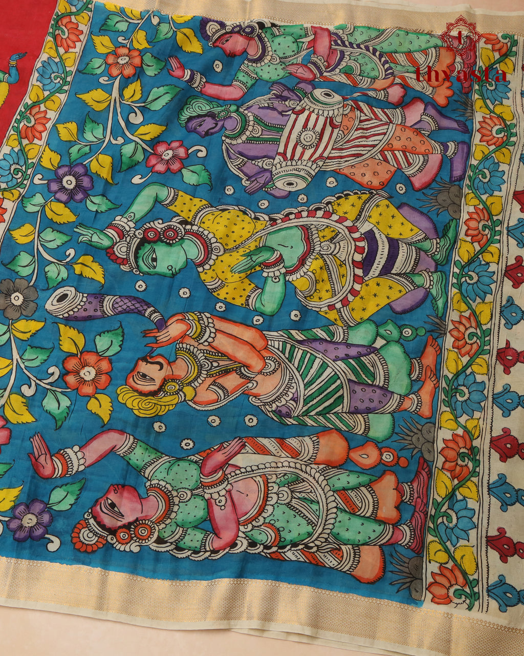 Pen Kalamkari Bangalore Silk – Red and White Border