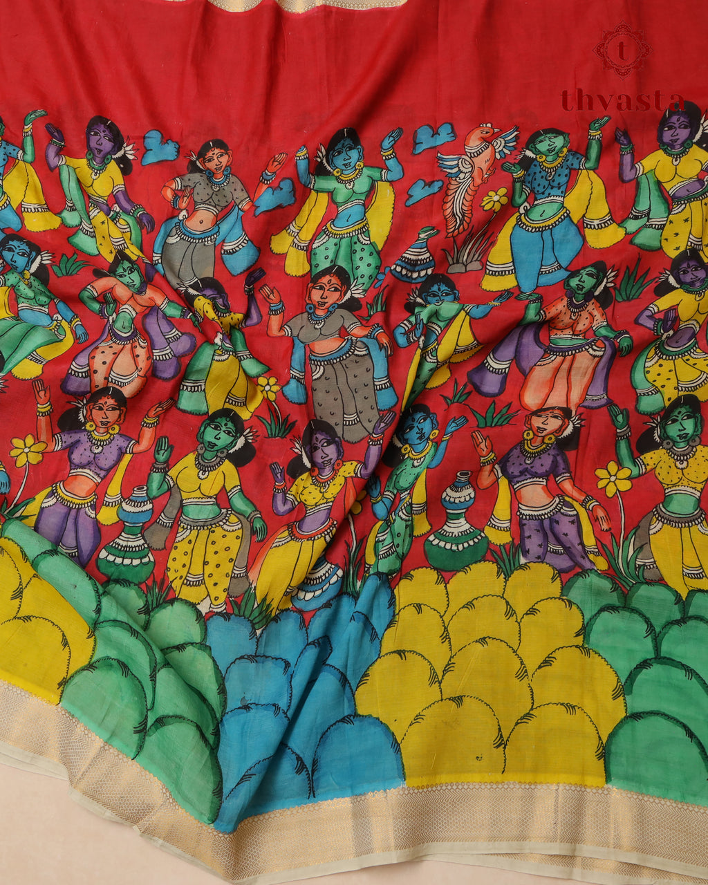 Pen Kalamkari Bangalore Silk – Red and White Border