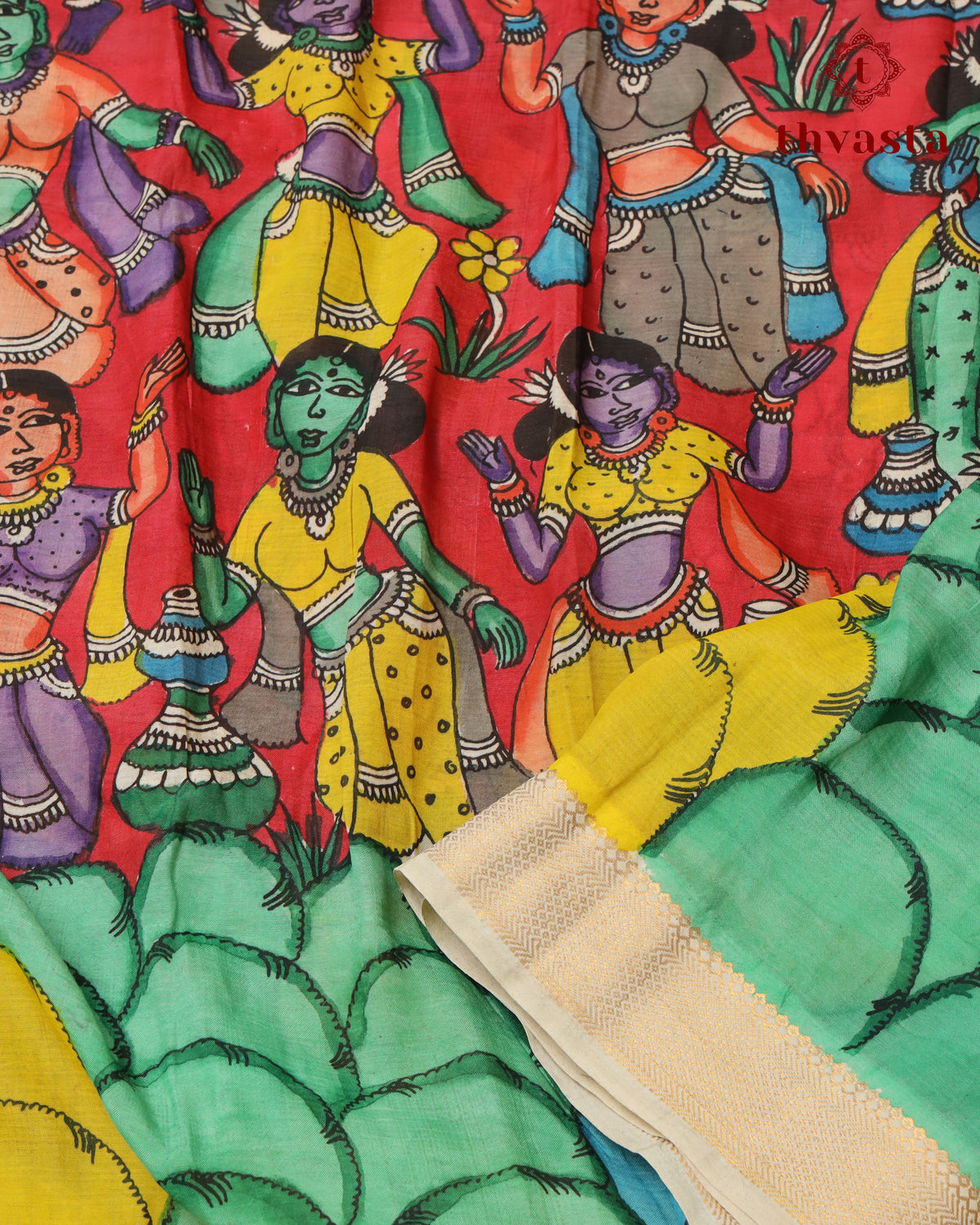 Pen Kalamkari Bangalore Silk – Red and White Border
