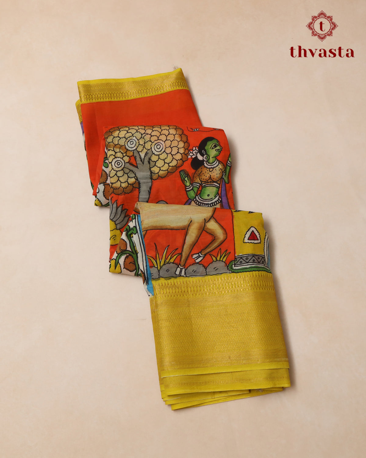 Pen Kalamkari Bangalore Silk – Orange and Yellow Border