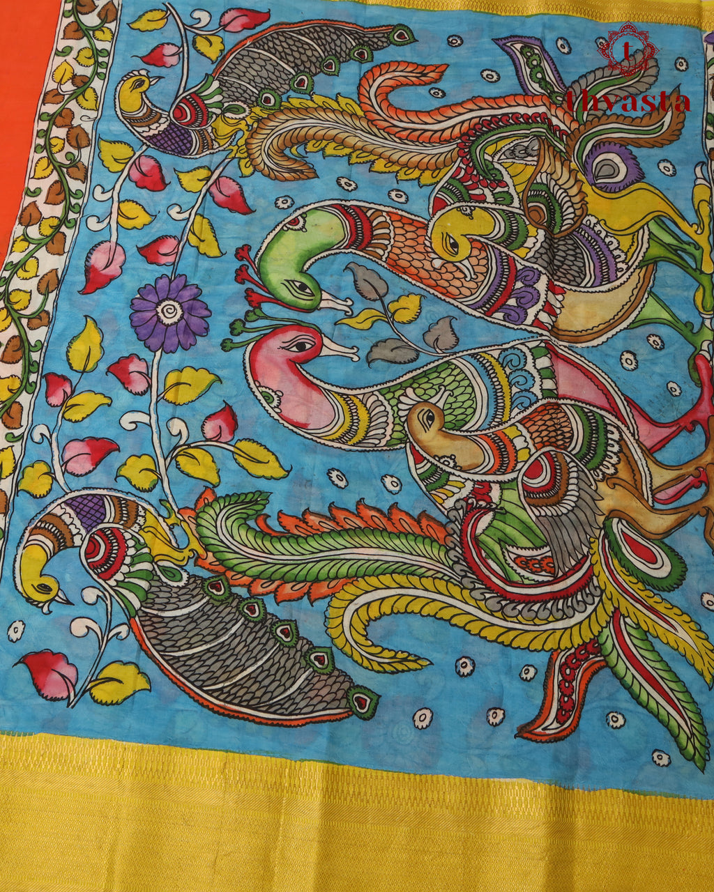 Pen Kalamkari Bangalore Silk – Orange and Yellow Border