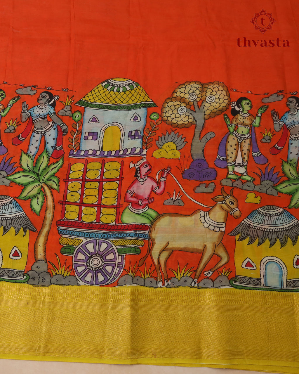 Pen Kalamkari Bangalore Silk – Orange and Yellow Border