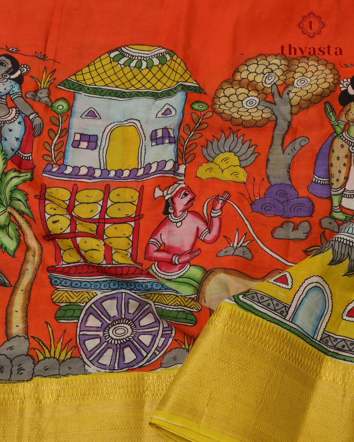 Pen Kalamkari Bangalore Silk – Orange and Yellow Border
